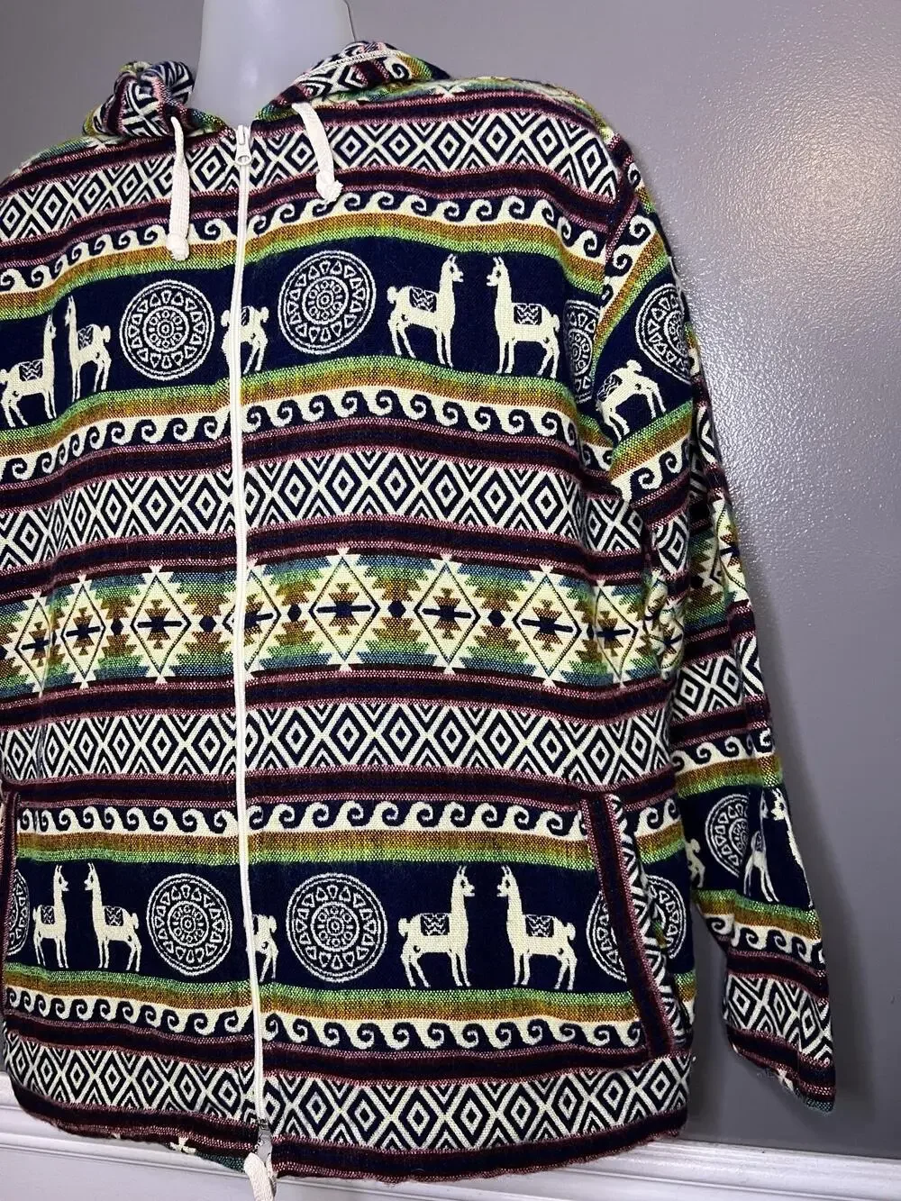 Llama Alpaca Sweater Mens XL Wool Blue Hooded Full Zip Knit Ecuador Tribal